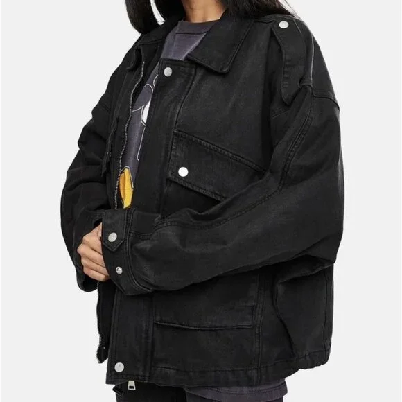 Neon Blonde High Flyer Oversized Denim Jacket Washed Black - Picture 2 of 10